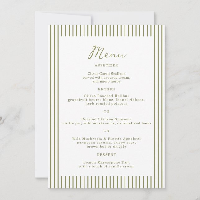 Tarjeta de menú de boda con monograma verde oliva (Anverso)