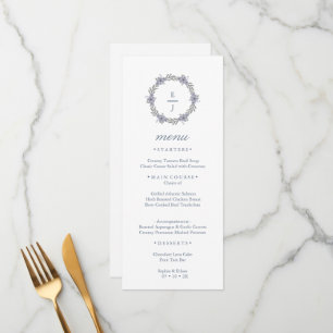 Tarjeta de menú de boda con monograma y corona flo