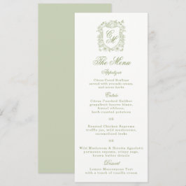 Tarjeta de menú de boda con monograma y cresta en 
