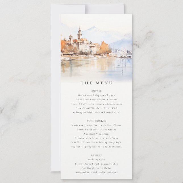 Tarjeta de menú de boda con paisaje de Montreux Su (Anverso)