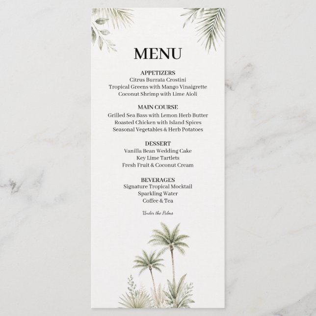 Tarjeta de menú de boda con palma de acuarela (Anverso)