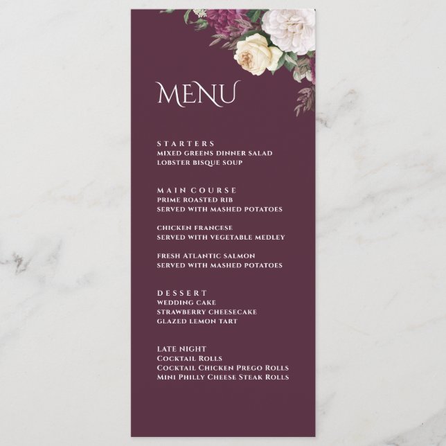 Tarjeta de menú de boda con peonías modernas de Bo (Anverso)
