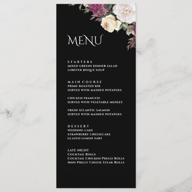 Tarjeta de menú de boda con peonías negras moderna (Anverso)