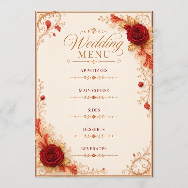 Tarjeta de menú de boda con plantilla de rosa roja (Anverso)