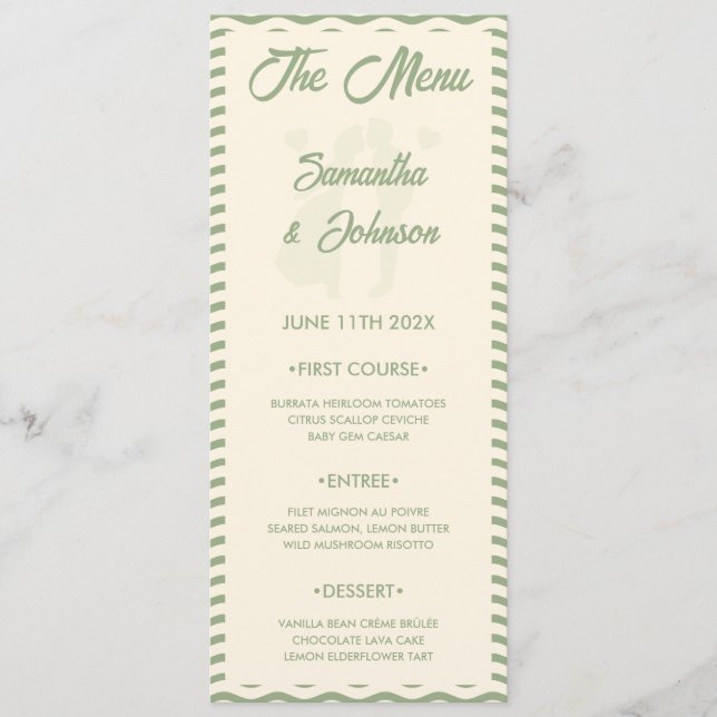 Tarjeta de menú de boda con raya ondulada verde sa (Anverso)