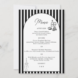 Tarjeta de menú de boda con rayas blancas y negras