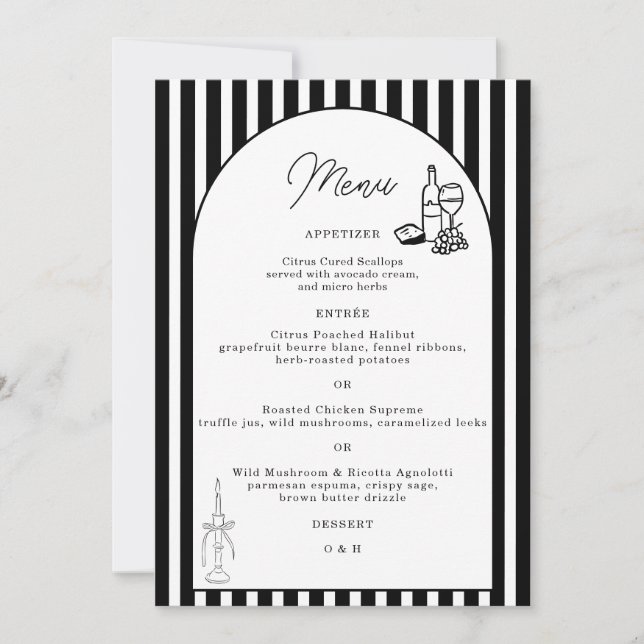 Tarjeta de menú de boda con rayas blancas y negras (Anverso)