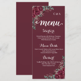 Tarjeta de menú de boda con rosa de Borgoña y euca