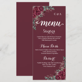 Tarjeta de menú de boda con rosa de Borgoña y euca