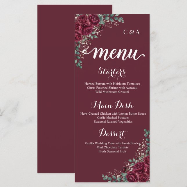 Tarjeta de menú de boda con rosa de Borgoña y euca (Anverso / Reverso)
