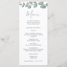 Tarjeta de menú de boda con vegetación de eucalipt