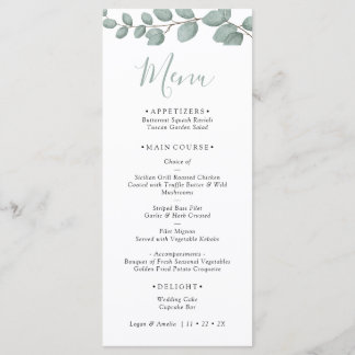Tarjeta de menú de boda con vegetación de eucalipt