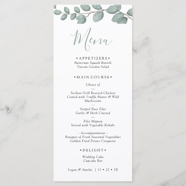 Tarjeta de menú de boda con vegetación de eucalipt (Anverso)
