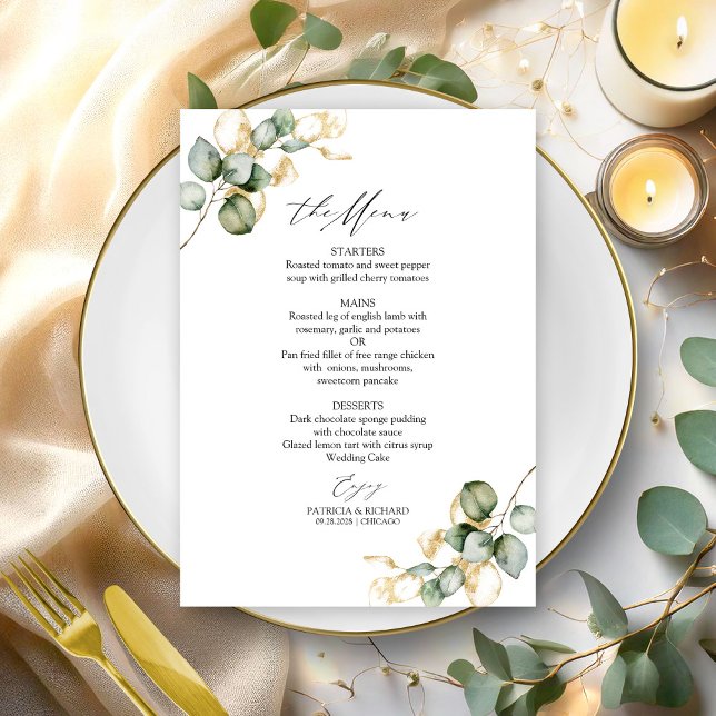 Tarjeta de menú de boda con vegetación dorada eleg (Subido por el creador)