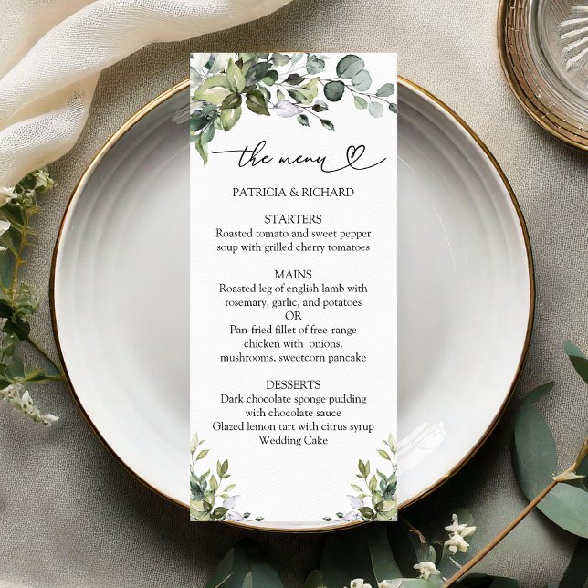 Tarjeta de menú de boda con vegetación estilo rúst (Subido por el creador)