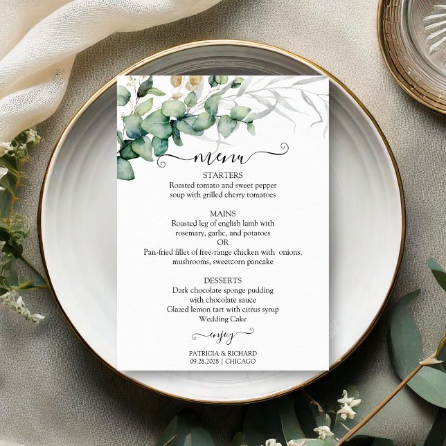 Tarjeta de menú de boda con vegetación estilo rúst (Subido por el creador)