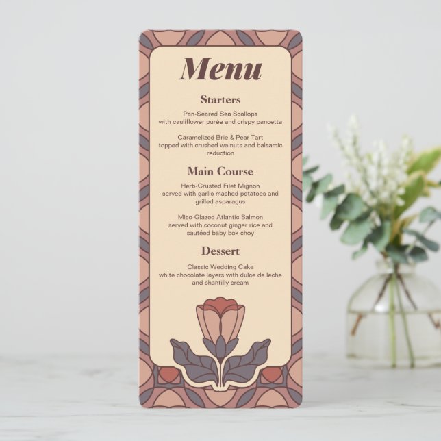 Tarjeta de menú de boda con vidrio emplomado flora (Anverso de pie)