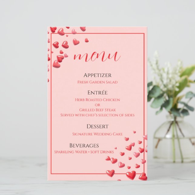 Tarjeta de menú de boda Corazones Rojos (Anverso de pie)