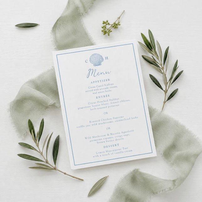 Tarjeta de menú de boda costera con conchas marina (Subido por el creador)