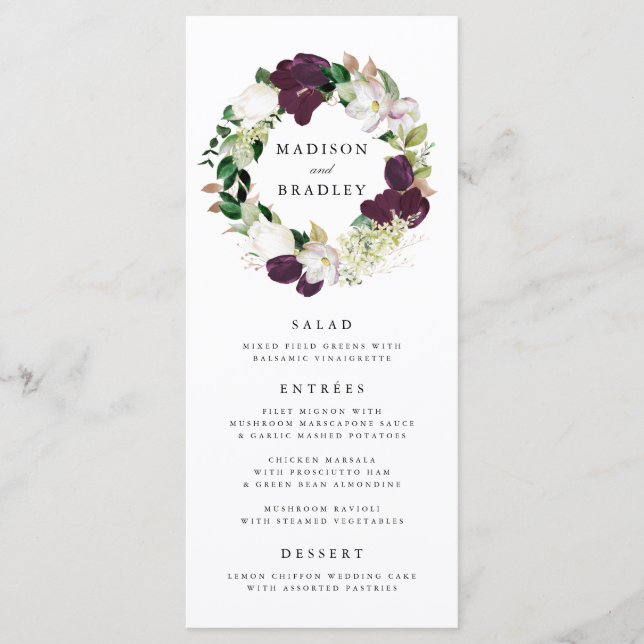 Tarjeta de menú de boda Dark Plum Floral (Anverso)