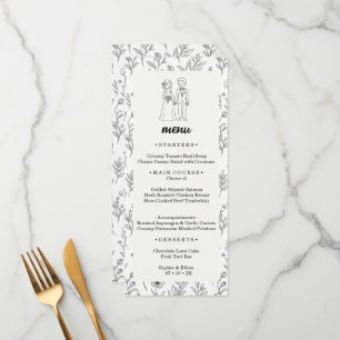 Tarjeta de menú de boda de arte lineal floral en b