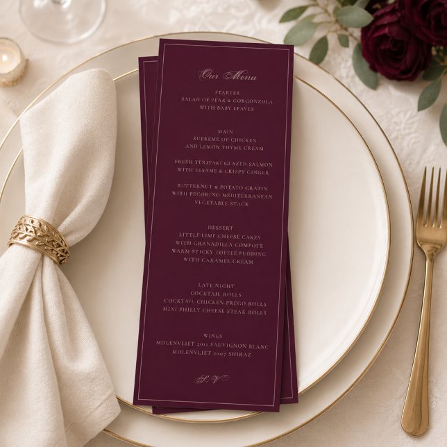 Tarjeta de menú de boda de Borgoña | Recepción for (Subido por el creador)