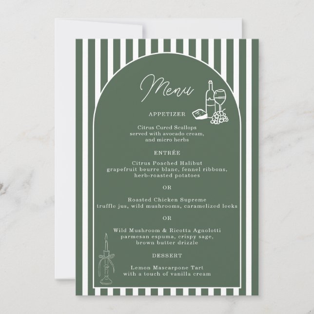 Tarjeta de menú de boda de cabana preppy con rayas (Anverso)