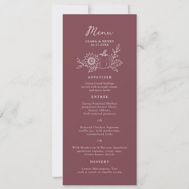 Tarjeta de menú de boda de calabaza de largo de té (Anverso)