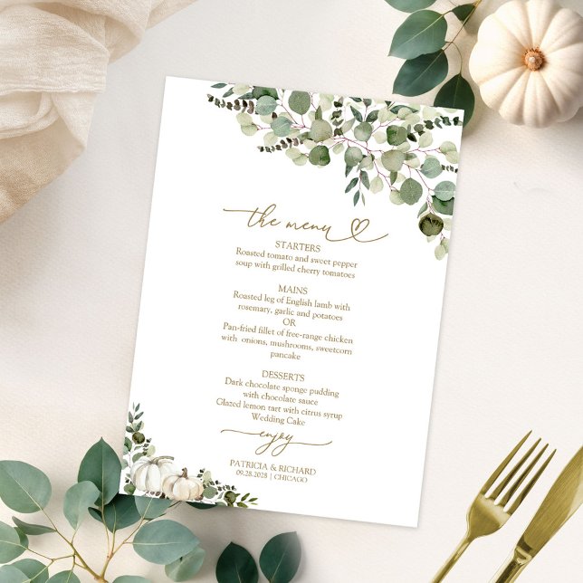 Tarjeta de menú de boda de calabaza verde otoño (Subido por el creador)