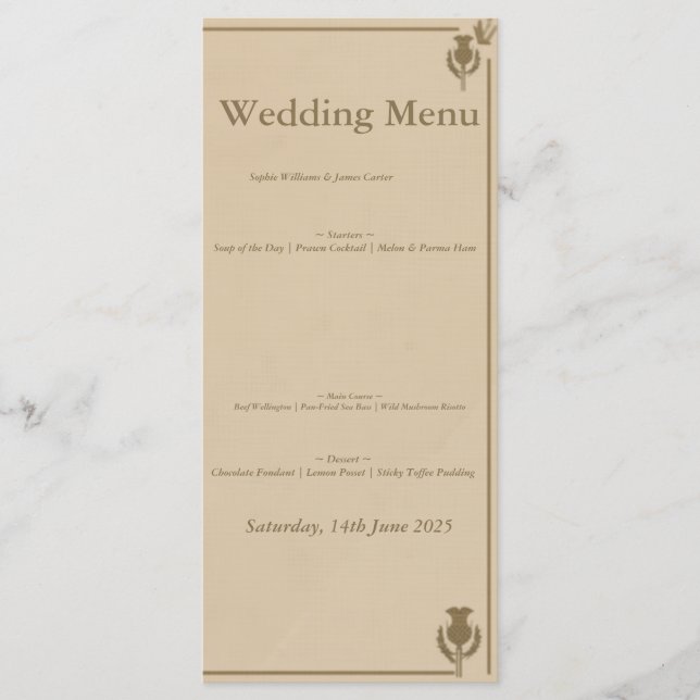 Tarjeta de menú de boda de cardo escocés | F elega (Anverso)