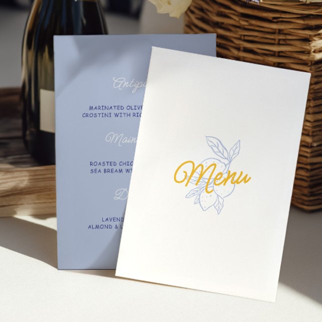 Tarjeta de menú de boda de cítricos amarillos y az (Modern Yellow & Blue Citrus Wedding Menu Card)