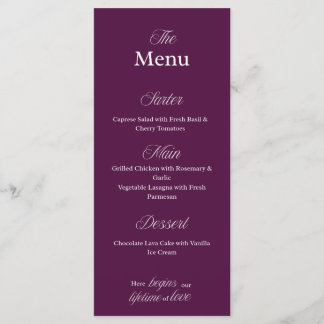 Tarjeta de menú de boda de color burdeos para cena