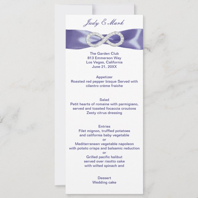 Tarjeta de menú de boda de diamante infinito azul  (Anverso)