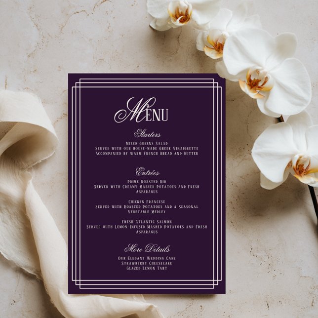 Tarjeta de menú de boda de dinero antiguo púrpura (Subido por el creador)