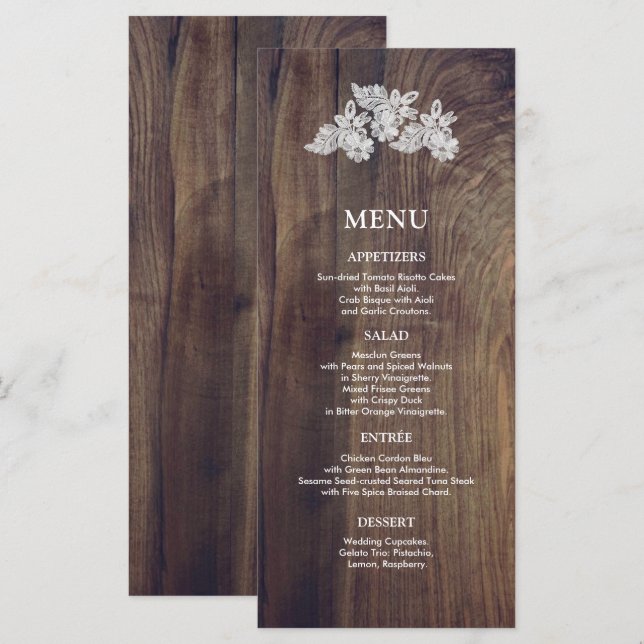 Tarjeta de menú de boda de encaje blanco | madera  (Anverso / Reverso)