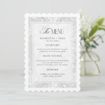 Tarjeta de menú de boda de encaje blanco vintage e