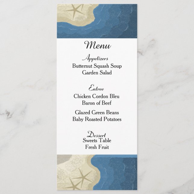 Tarjeta de menú de boda de estrella de mar y océan (Anverso)