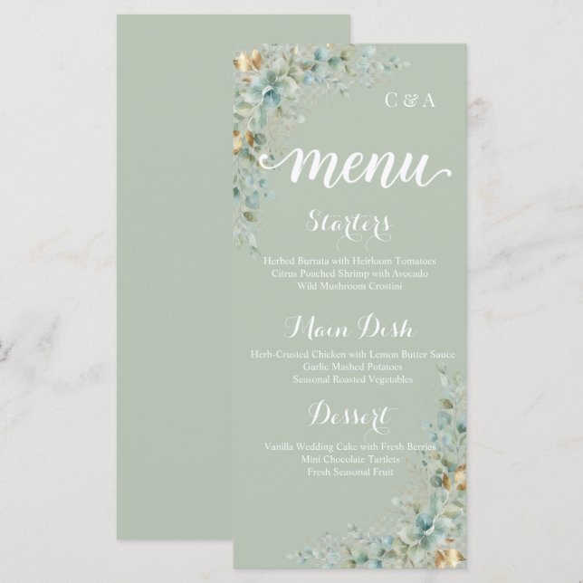Tarjeta de menú de boda de eucalipto botánico verd (Anverso / Reverso)