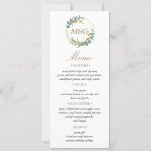 tarjeta de menú de boda de eucalipto dorado
