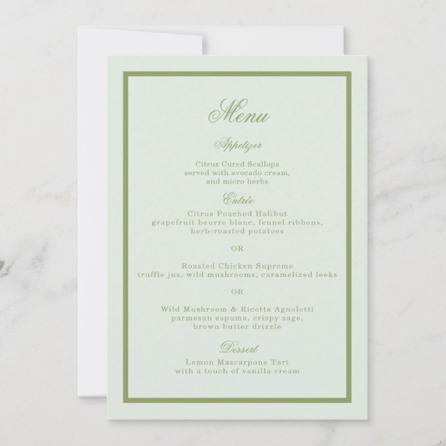 Tarjeta de menú de boda de finca verde musgo (Anverso)