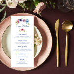 Tarjeta de menú de Boda de flor anémona de color d<br><div class="desc">Esta tarjeta de menú Boda presenta un elegante guión azul sobre un fondo blanco con los nombres de la pareja nupcial rodeados de hermosas flores anemónicas en rosa, lavanda, azul, violeta y con hojas verdes. El texto se puede personalizar editando los cuadros de texto. El color del reverso de la...</div>