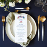 Tarjeta de menú de Boda de flor anémona de color d<br><div class="desc">Esta tarjeta de menú Boda presenta un elegante guión azul sobre un fondo blanco con un "menú" de texto rodeado de hermosas flores anemónicas en rosa, lavanda, azul, violeta y con hojas verdes. El texto se puede personalizar editando los cuadros de texto. El color del reverso del menú puede cambiarse...</div>