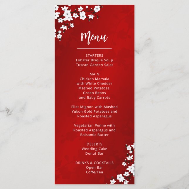 Tarjeta de menú de boda de flor de cerezo blanca (Anverso)