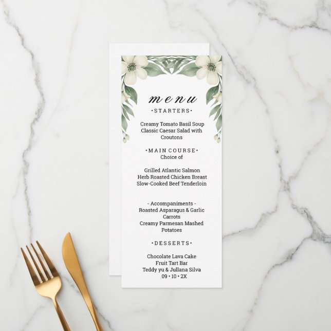 Tarjeta de menú de boda de flores de Anémona Blanc (Anverso/Reverso In Situ)