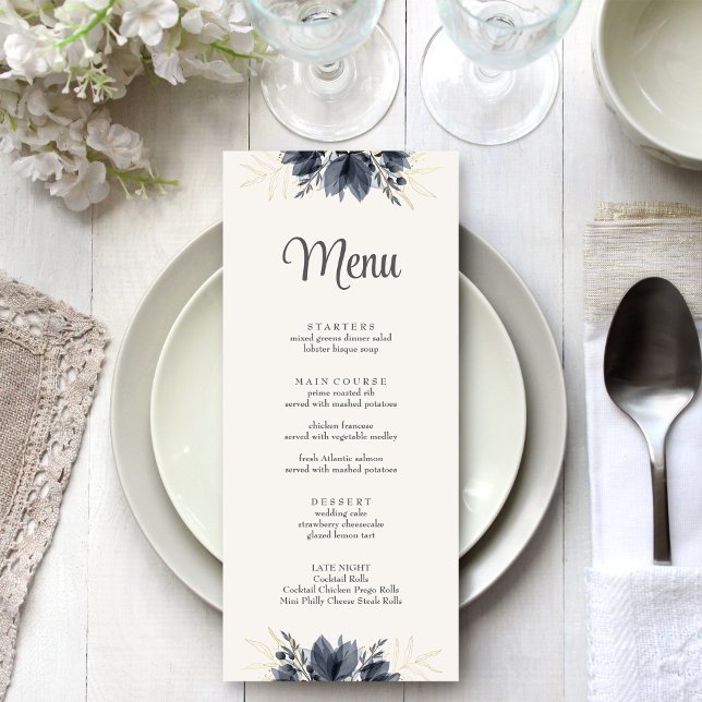 Tarjeta de menú de boda de Flores oscuras suaves (Gentle Dark Flowers Wedding Menu Card on a white and silver wedding dinner table.)