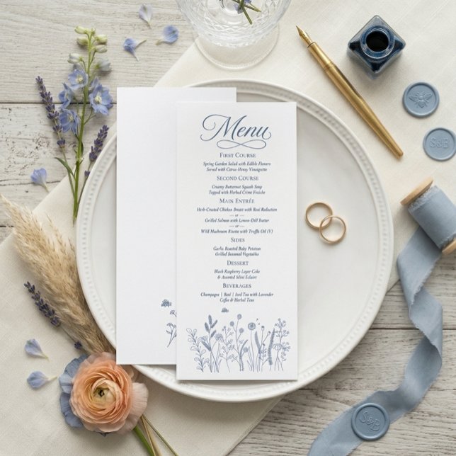 Tarjeta de menú de boda de flores silvestres azul  (Subido por el creador)