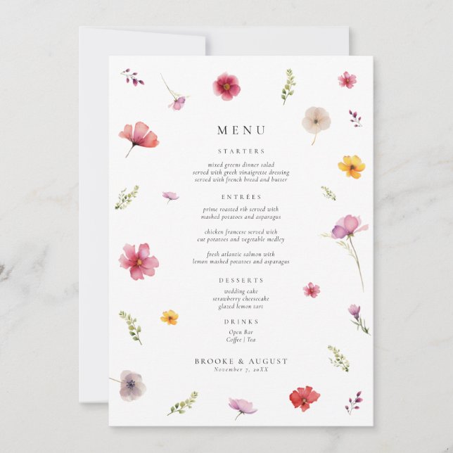 Tarjeta de menú de boda de flores silvestres de pr (Anverso)