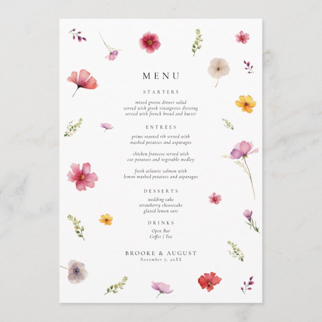 Tarjeta de menú de boda de flores silvestres de pr (Anverso)