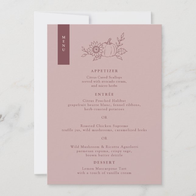 Tarjeta de menú de boda de girasol y calabaza rosa (Anverso)