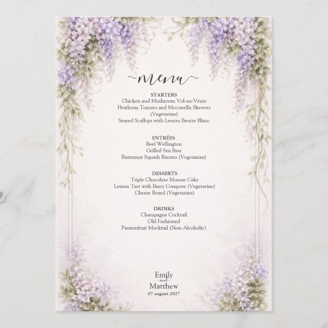 Tarjeta de menú de boda de glicina Regency (Anverso)